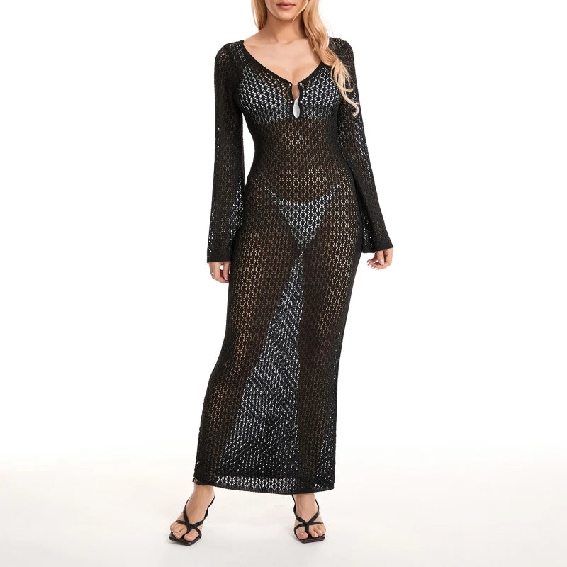 Long Knit Hollow-Out Beach Cover-Up