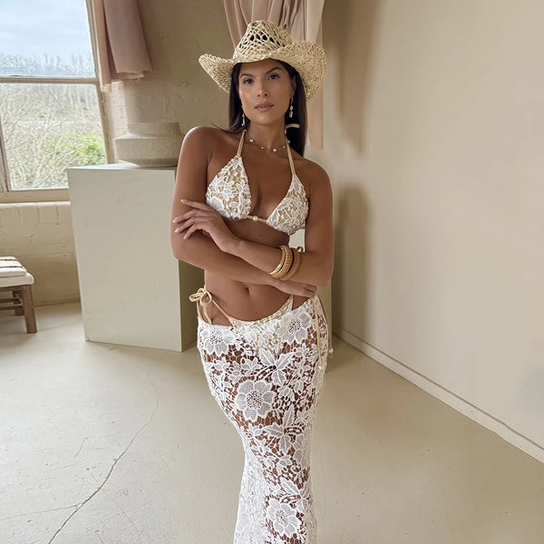2025 Sexy White Lace 3-Piece Bikini Set with Sarong