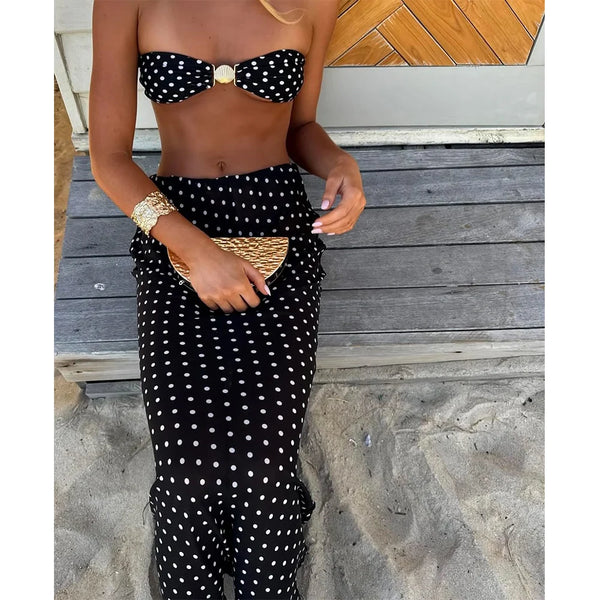 Polka Dot 3-Piece Bandeau Bikini Set with Long Skirt – Summer Beachwear 2025