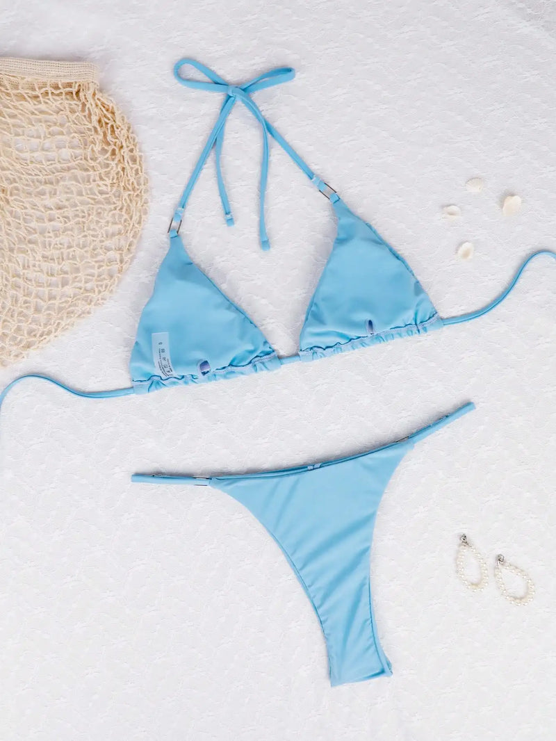 2025 Women’s Sexy Blue Triangle Bikini Set – High Cut Thong, Adjustable Straps
