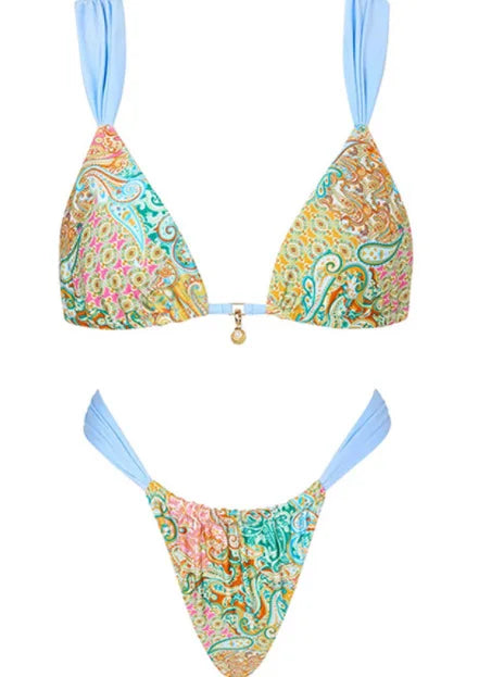 2025 Tropical Lace-Up Micro Thong Bikini Set – Halter Swimsuit for Women