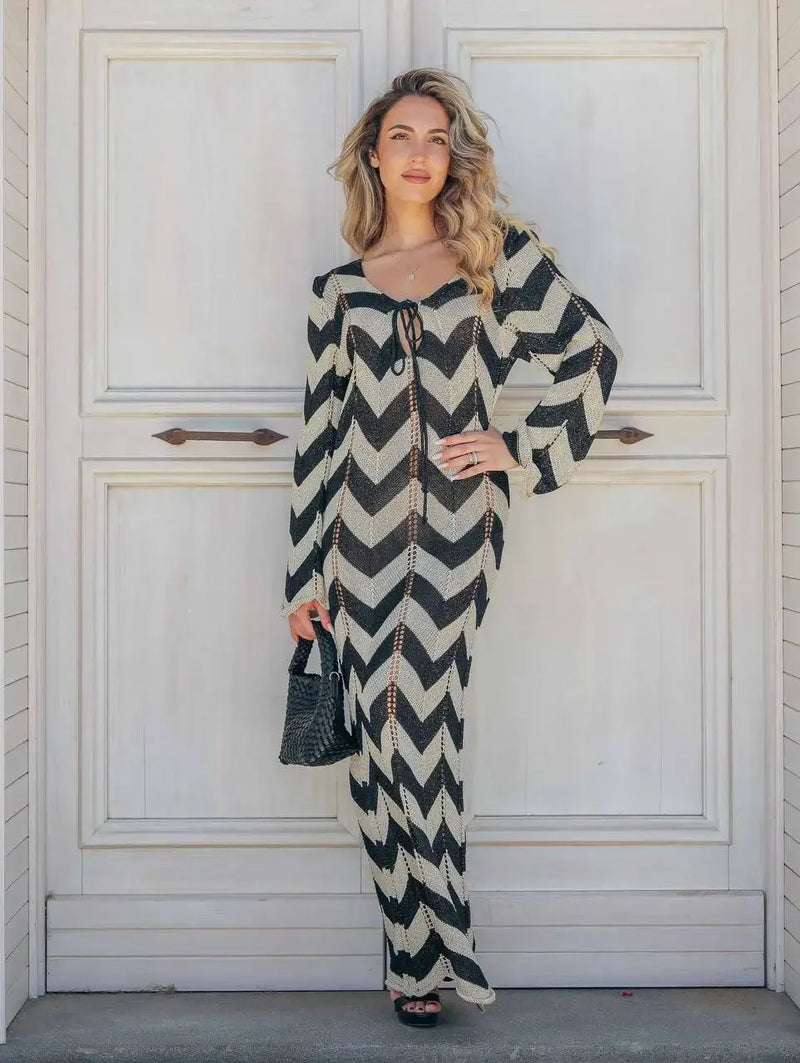 Striped Knit Lace-Up Maxi Cover-Up