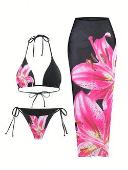 2025 Floral 3-Piece High Waist Bikini Set with Long Skirt – Beachwear for Women
