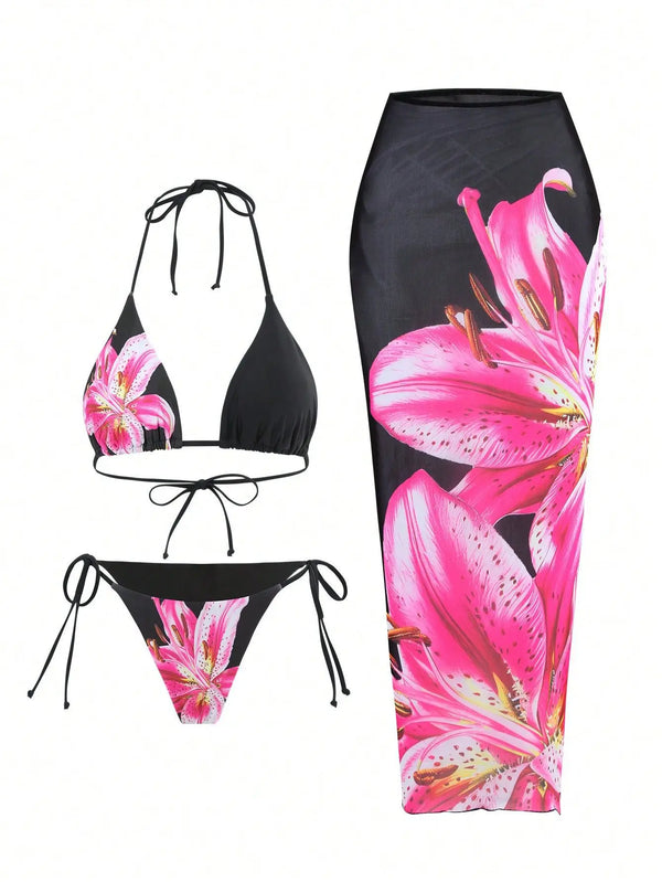 2025 Floral 3-Piece High Waist Bikini Set with Long Skirt – Beachwear for Women