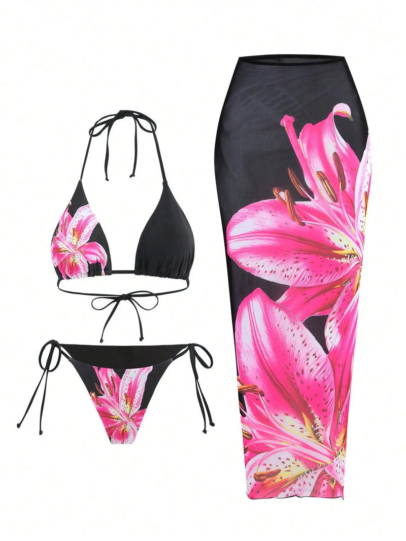 2025 Floral 3-Piece High Waist Bikini Set with Long Skirt – Beachwear for Women