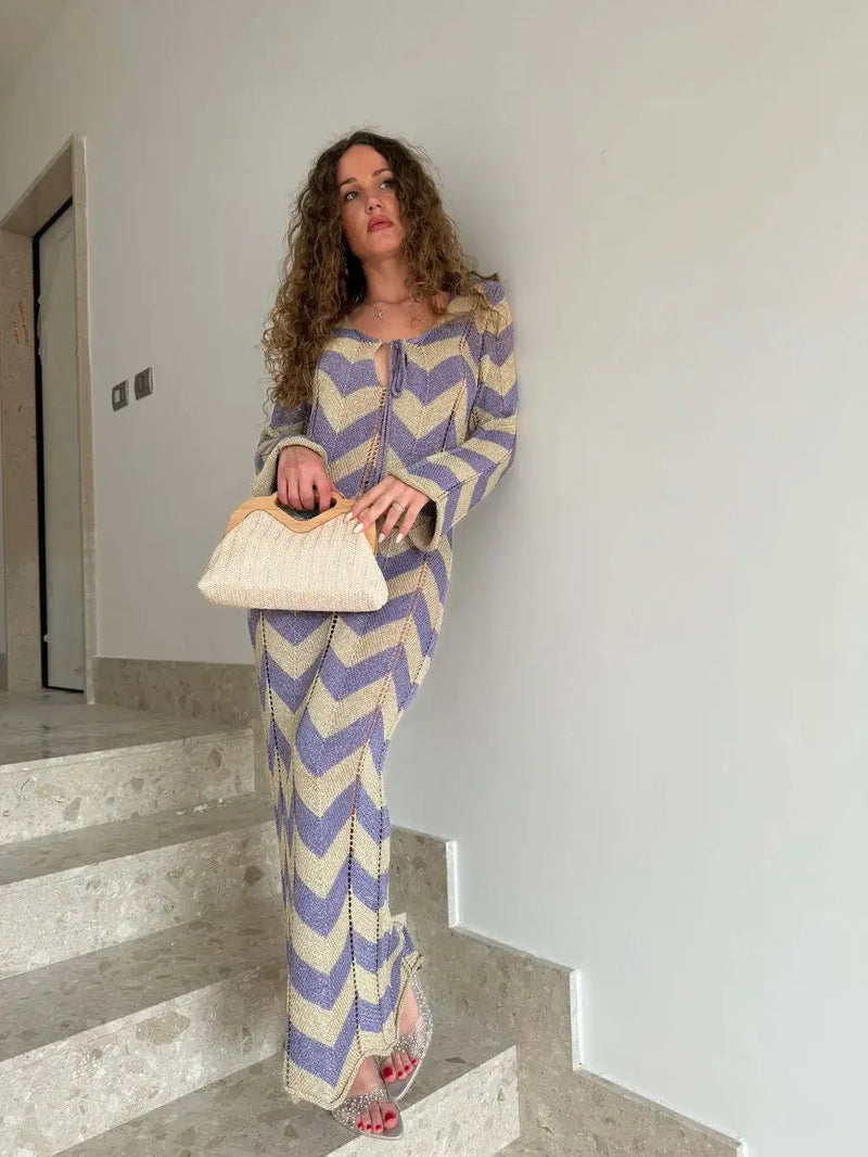Striped Knit Lace-Up Maxi Cover-Up