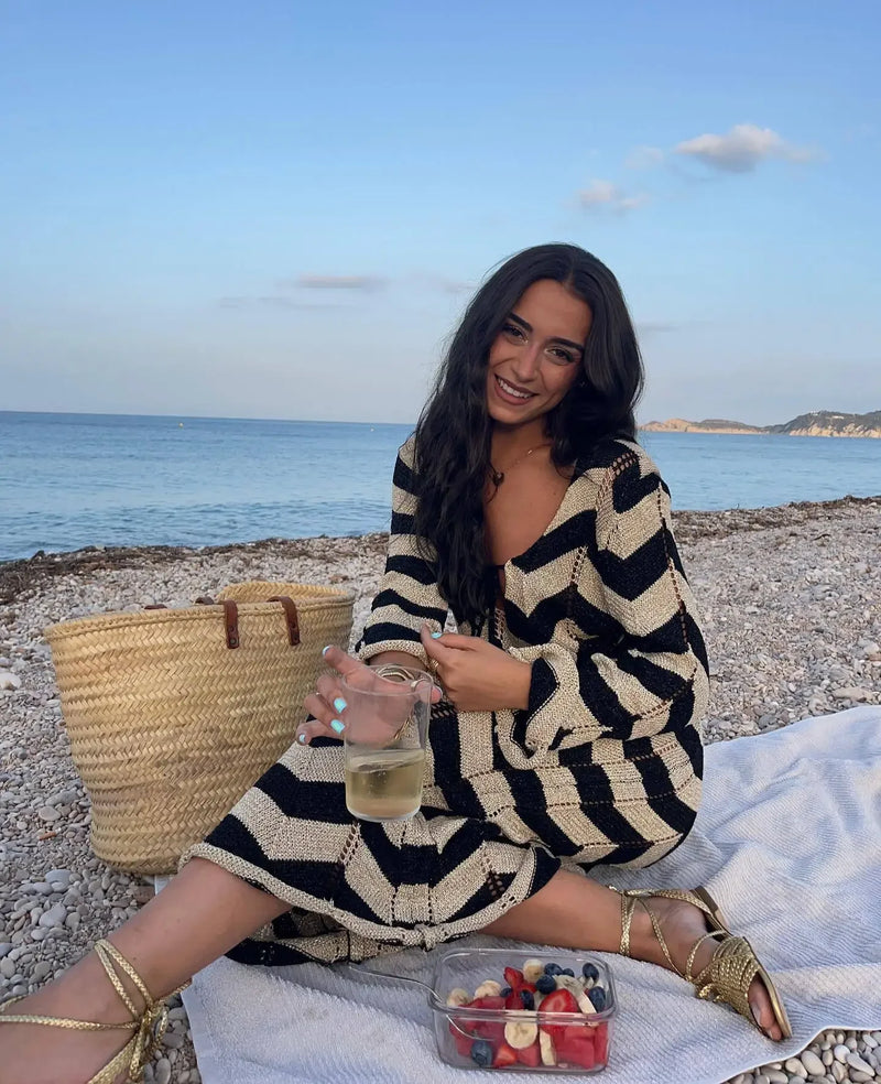 Striped Knit Lace-Up Maxi Cover-Up