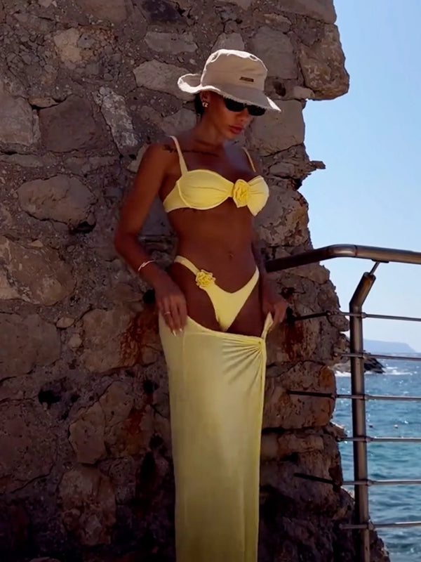 Butter Yellow 3-Piece Bikini Set with Floral Skirt – Resort Wear 2025