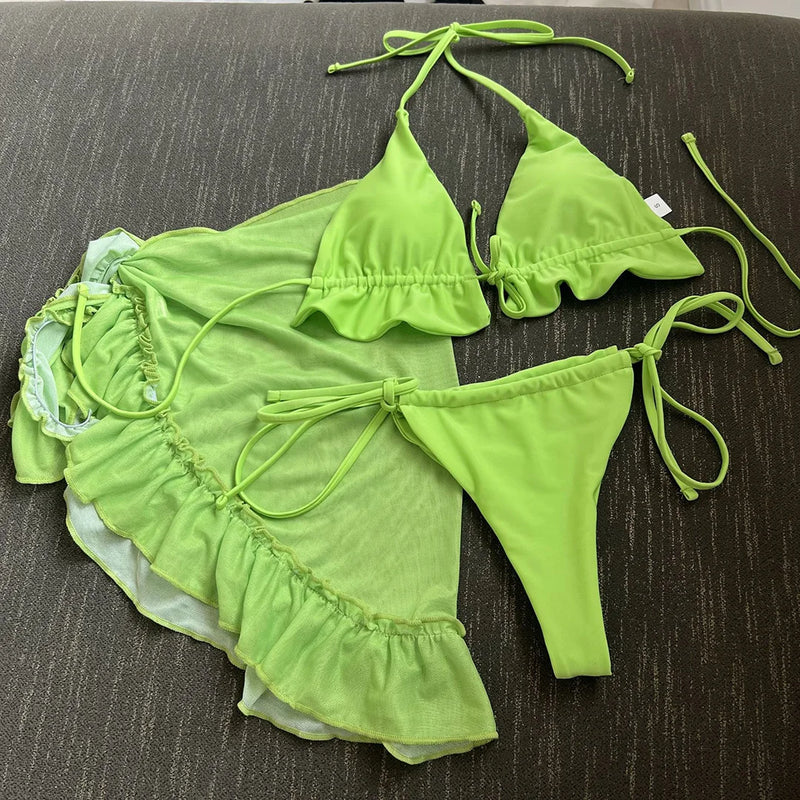 3-Piece Ruffled Bikini Set with Sarong – Halter Swimsuit for Women