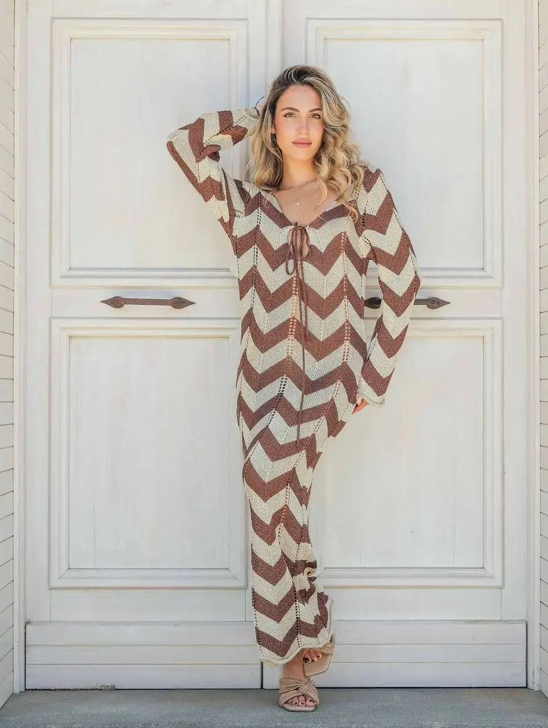 Striped Knit Lace-Up Maxi Cover-Up