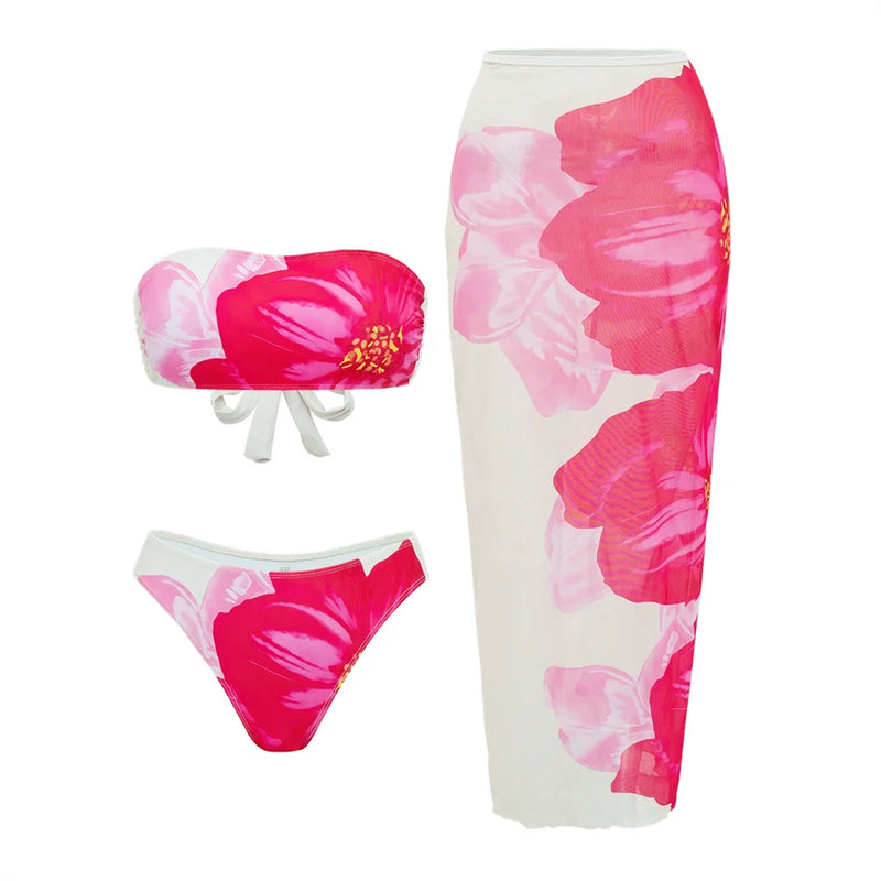 2025 Floral 3-Piece High Waist Bikini Set with Long Skirt – Beachwear for Women