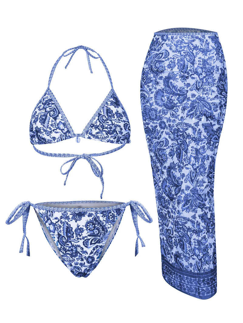 2025 Floral 3-Piece High Waist Bikini Set with Long Skirt – Beachwear for Women