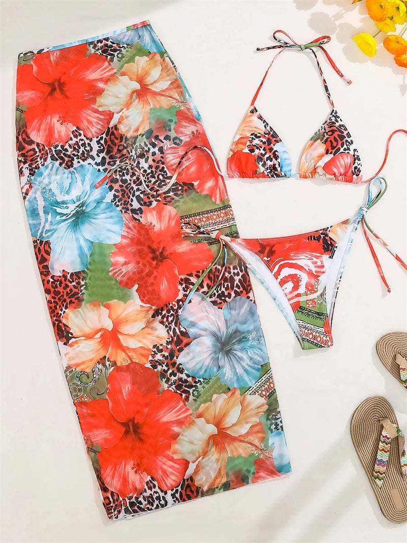 2025 Floral 3-Piece High Waist Bikini Set with Long Skirt – Beachwear for Women
