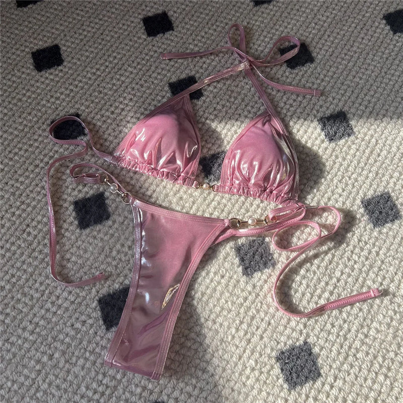 PU Faux Leather Halter Thong Bikini Set – Sexy Mini Two-Piece Swimwear for Women