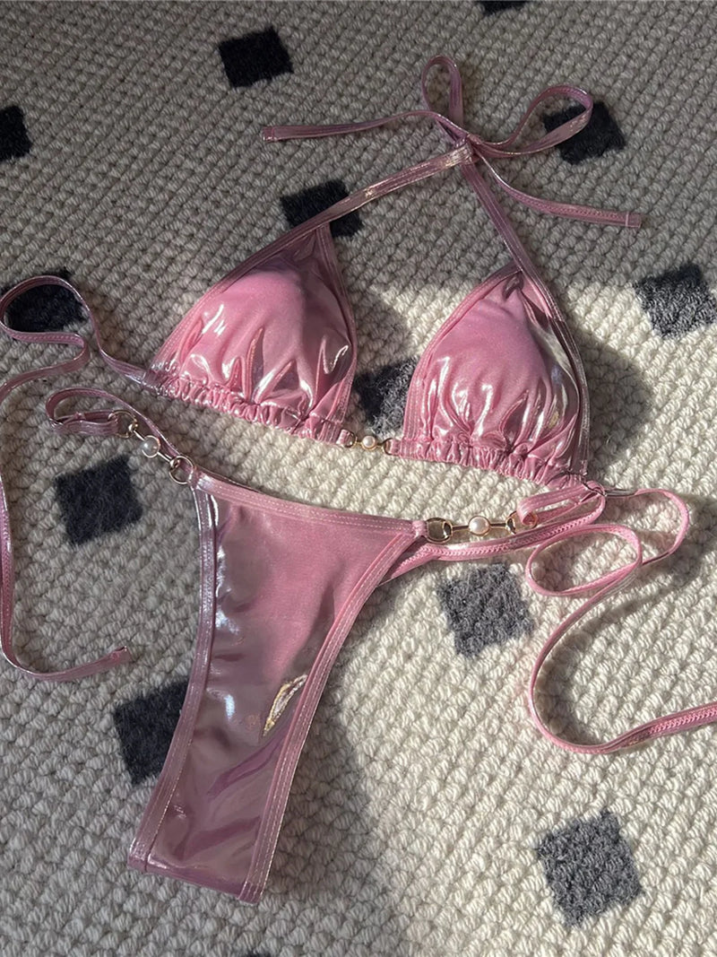 PU Faux Leather Halter Thong Bikini Set – Sexy Mini Two-Piece Swimwear for Women
