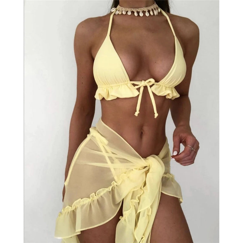 3-Piece Ruffled Bikini Set with Sarong – Halter Swimsuit for Women