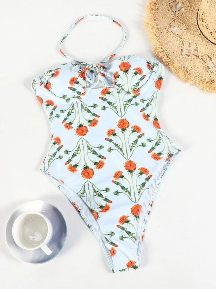 Floral Halter One-Piece Swimsuit – 2025