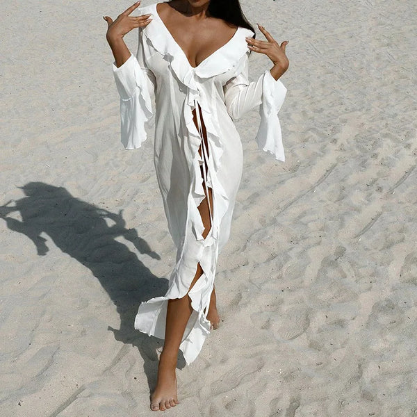Chiffon V-Neck Ruffled Beach Cover-Up