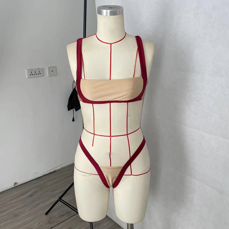 Contrasting Color High Waist Bikini Set – Backless Slim Thong Swimwear