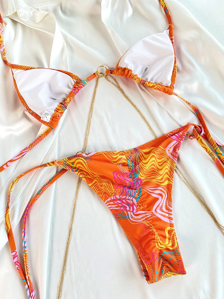 2024 Printed Triangle Bikini Set – Low Waist Bandage Biquini