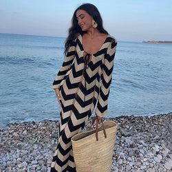 Striped Knit Lace-Up Maxi Cover-Up