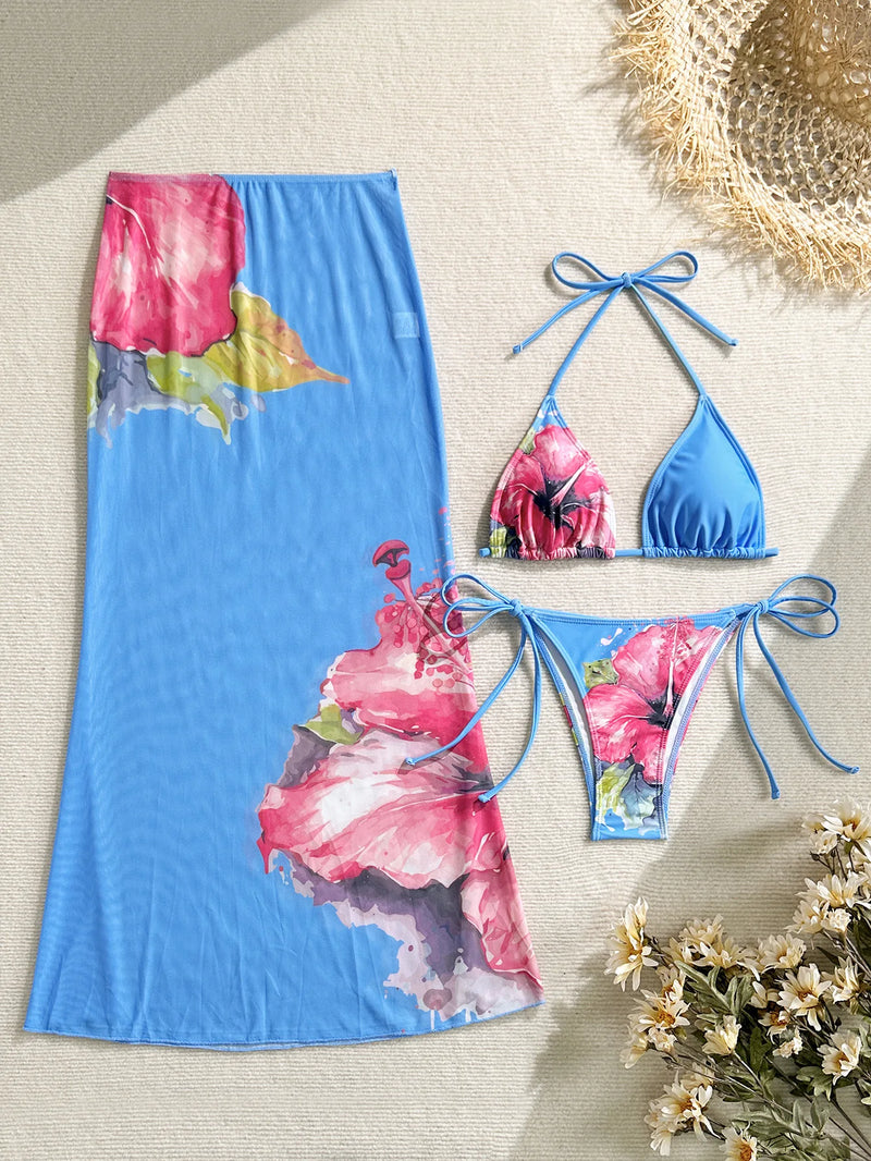 2025 Floral 3-Piece High Waist Bikini Set with Long Skirt – Beachwear for Women
