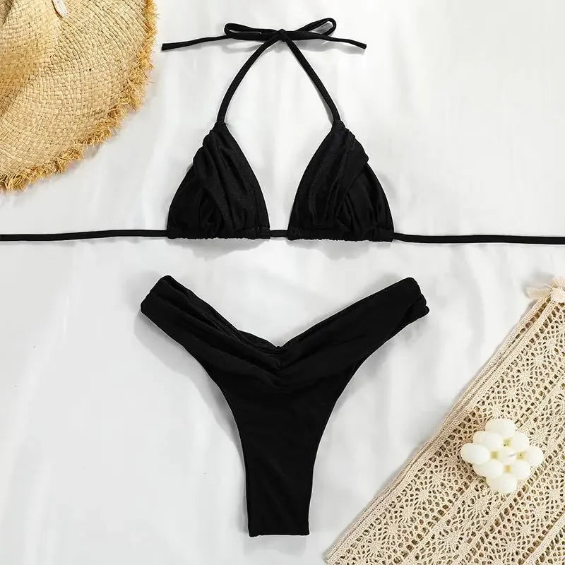 2025 Sexy Bandage Bikini Set – Solid Color High-Cut Swimsuit for Women