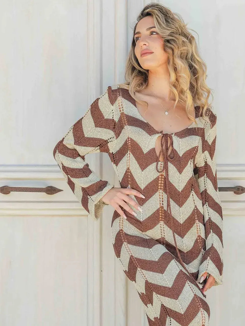 Striped Knit Lace-Up Maxi Cover-Up