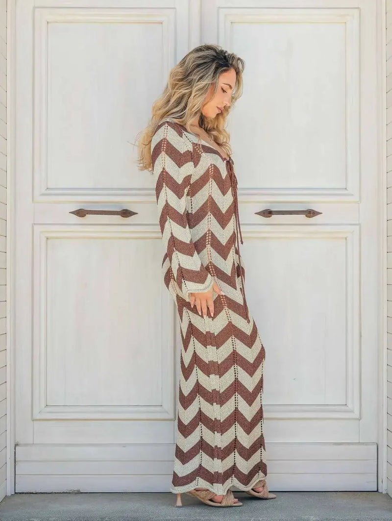 Striped Knit Lace-Up Maxi Cover-Up