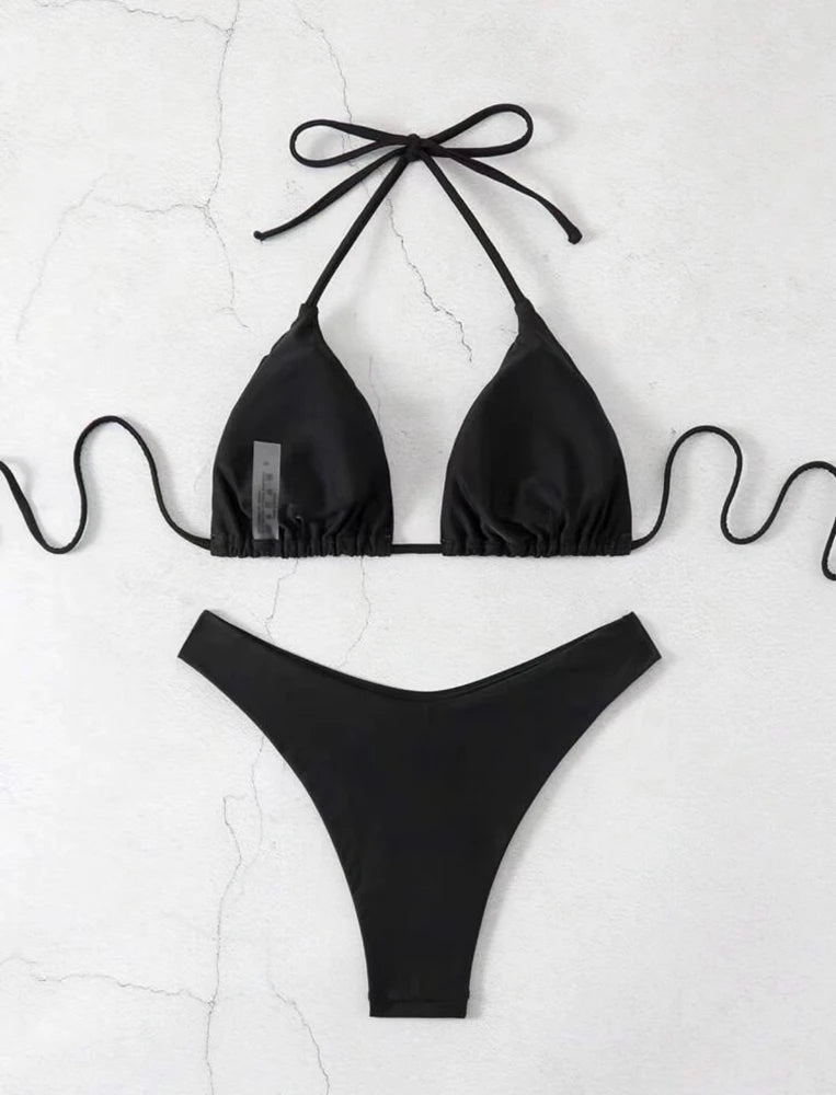 2025 Sexy Halter Thong Bikini – Double Fabric Lace-Up Brazilian Swimsuit