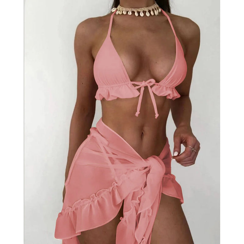 3-Piece Ruffled Bikini Set with Sarong – Halter Swimsuit for Women