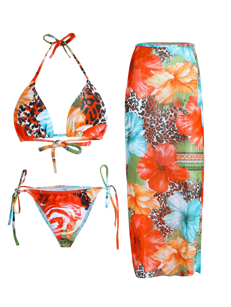 2025 Floral 3-Piece High Waist Bikini Set with Long Skirt – Beachwear for Women
