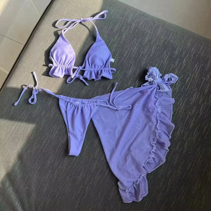 3-Piece Ruffled Bikini Set with Sarong – Halter Swimsuit for Women