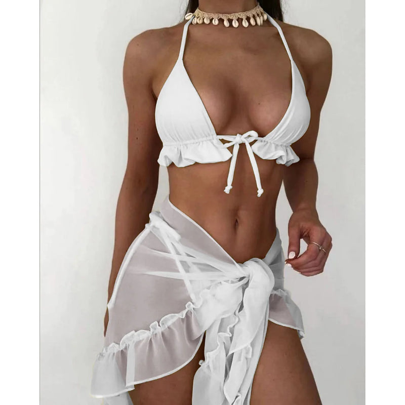 3-Piece Ruffled Bikini Set with Sarong – Halter Swimsuit for Women