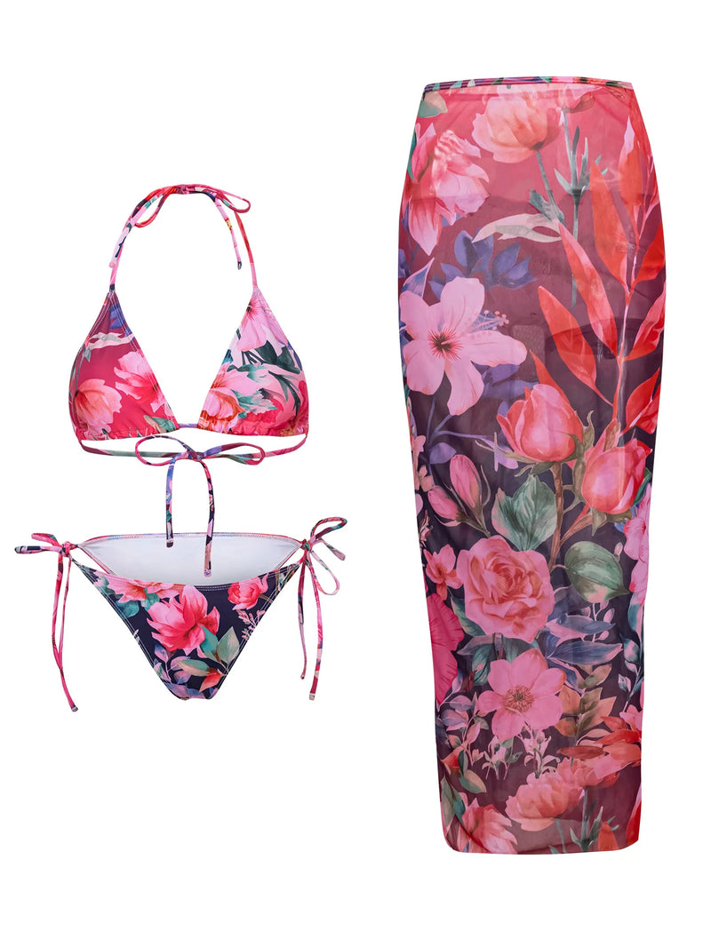 2025 Floral 3-Piece High Waist Bikini Set with Long Skirt – Beachwear for Women