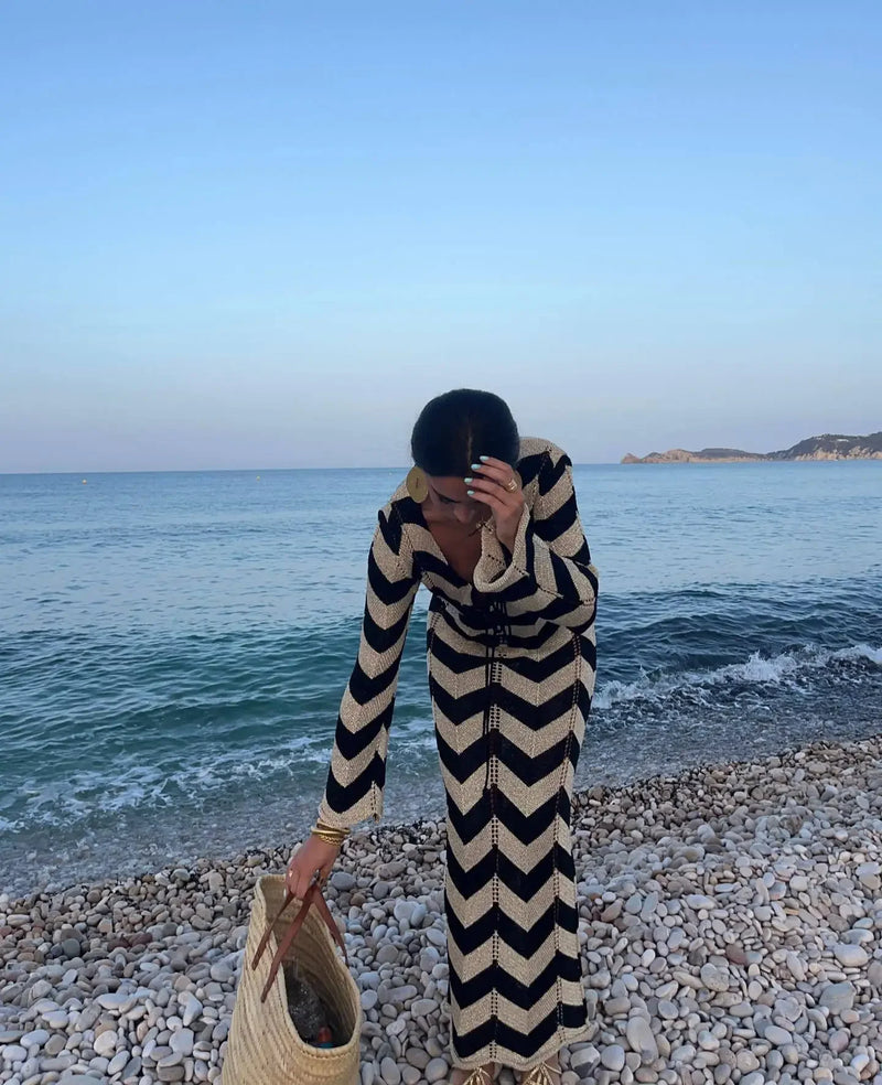 Striped Knit Lace-Up Maxi Cover-Up
