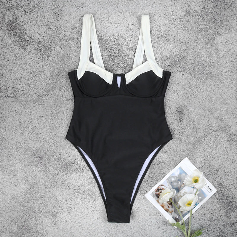 2024 Solid Black & White One-Piece Swimsuit