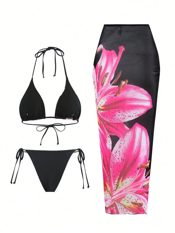 2025 Floral 3-Piece High Waist Bikini Set with Long Skirt – Beachwear for Women