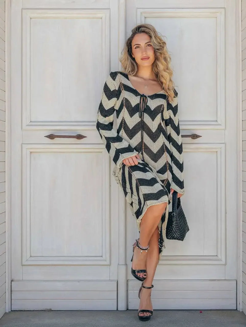 Striped Knit Lace-Up Maxi Cover-Up