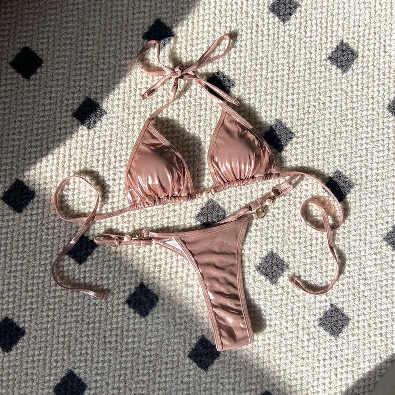 PU Faux Leather Halter Thong Bikini Set – Sexy Mini Two-Piece Swimwear for Women
