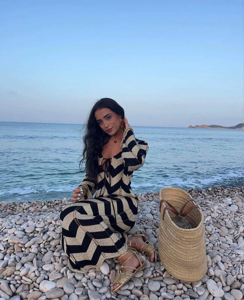 Striped Knit Lace-Up Maxi Cover-Up