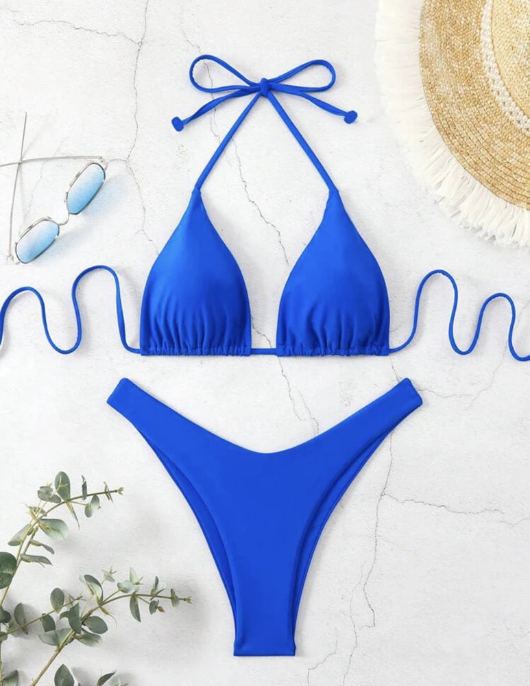 2025 Sexy Halter Thong Bikini – Double Fabric Lace-Up Brazilian Swimsuit
