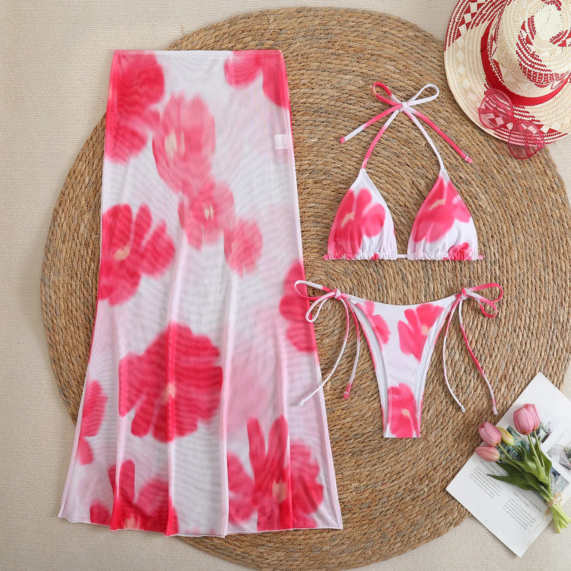 2025 Floral 3-Piece High Waist Bikini Set with Long Skirt – Beachwear for Women