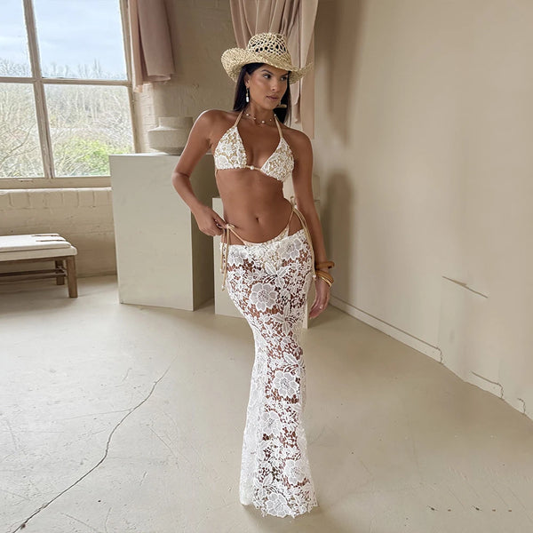 2025 Sexy White Lace 3-Piece Bikini Set with Sarong