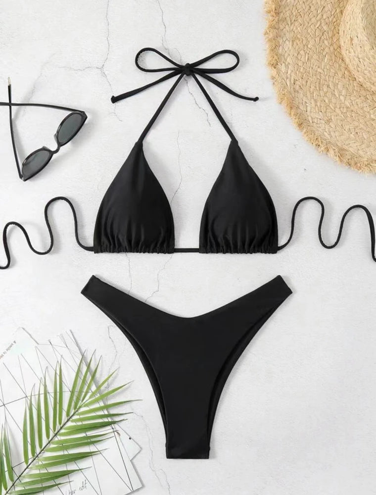 2025 Sexy Halter Thong Bikini – Double Fabric Lace-Up Brazilian Swimsuit