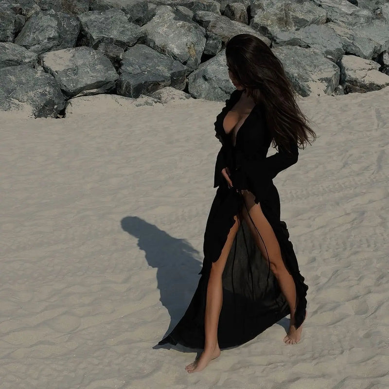Chiffon V-Neck Ruffled Beach Cover-Up