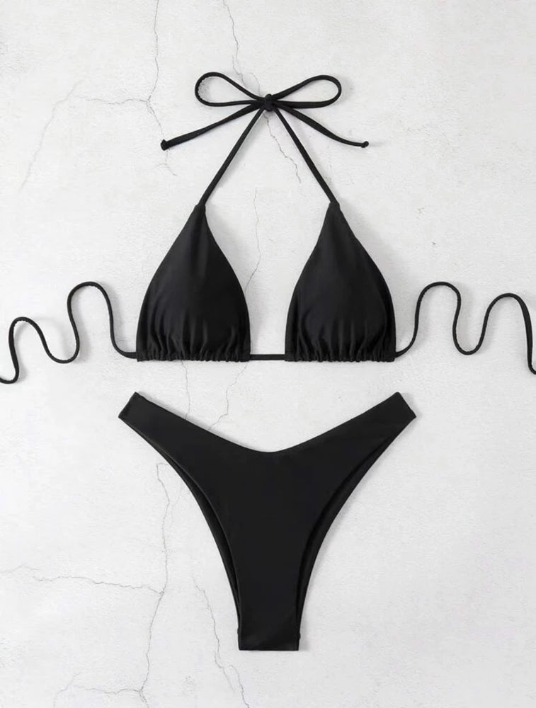 2025 Sexy Halter Thong Bikini – Double Fabric Lace-Up Brazilian Swimsuit