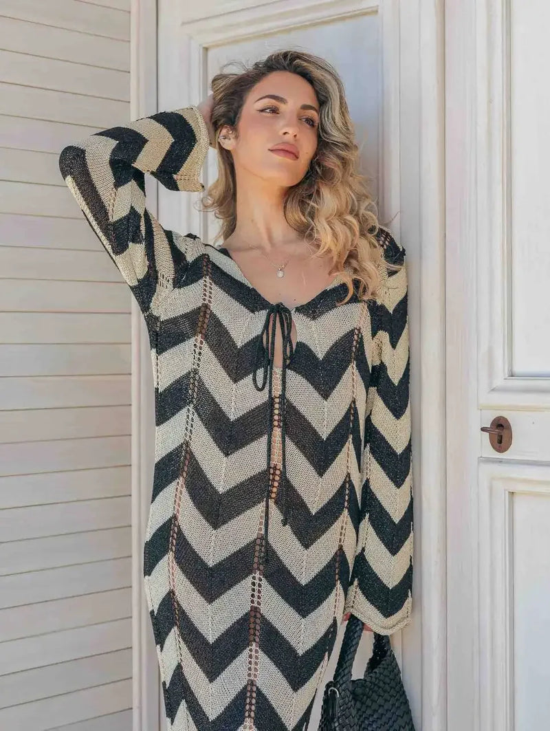Striped Knit Lace-Up Maxi Cover-Up