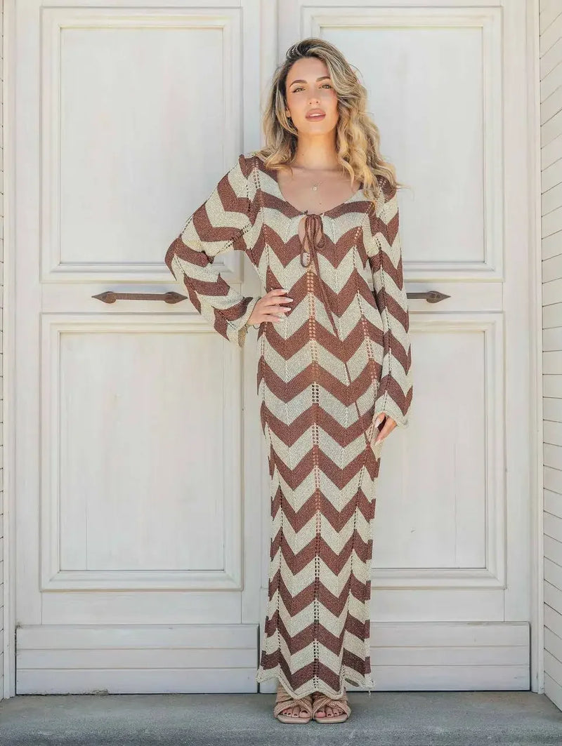 Striped Knit Lace-Up Maxi Cover-Up