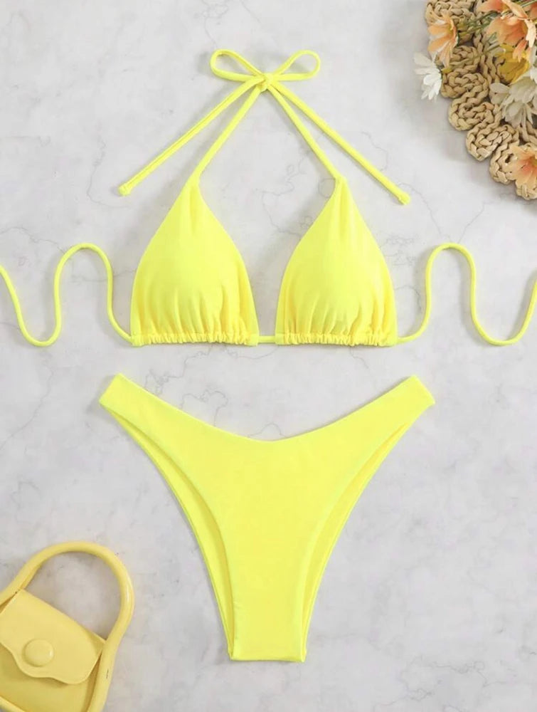 2025 Sexy Halter Thong Bikini – Double Fabric Lace-Up Brazilian Swimsuit